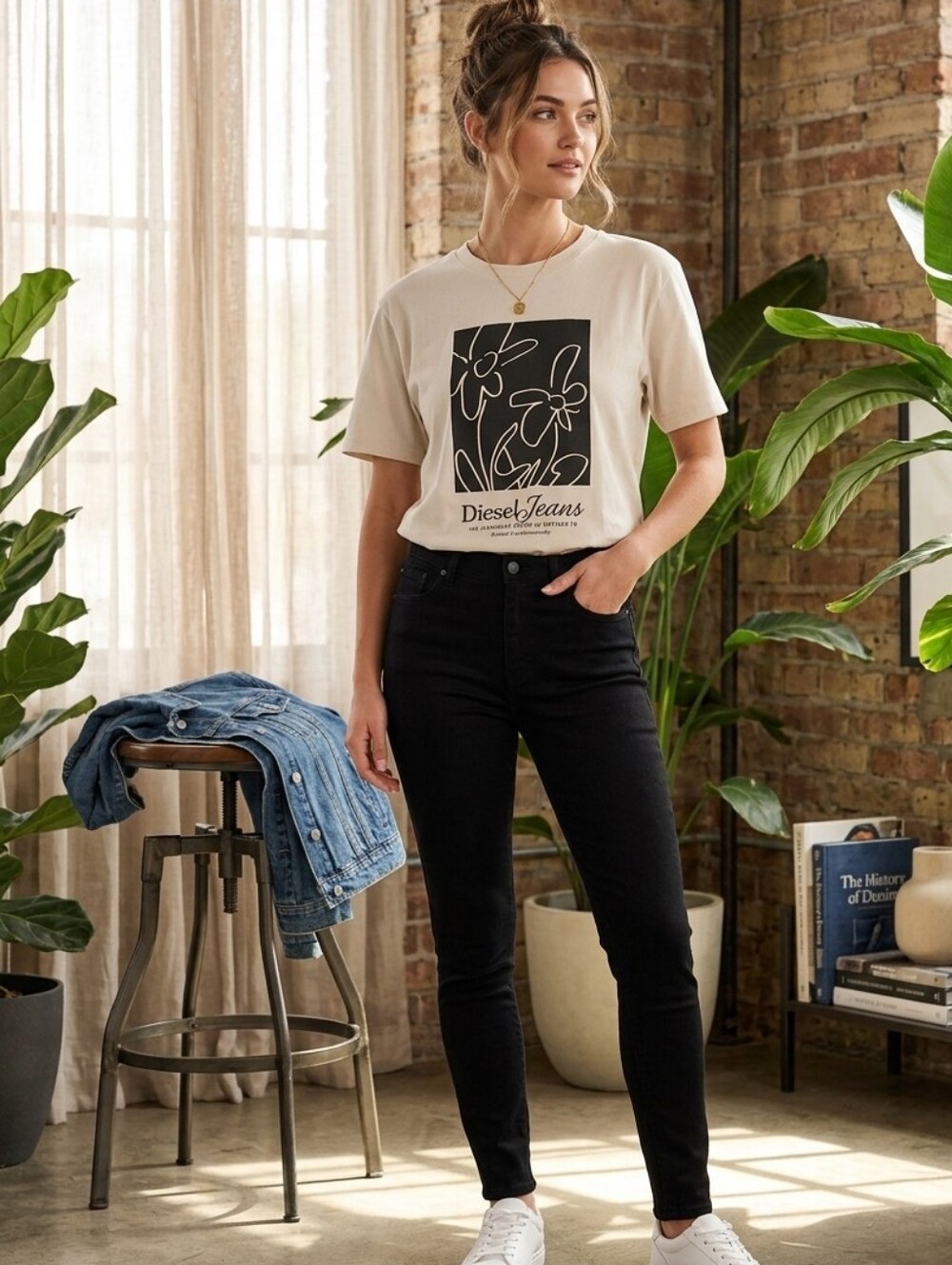 Diesel Cream Graphic Tee with Black Print